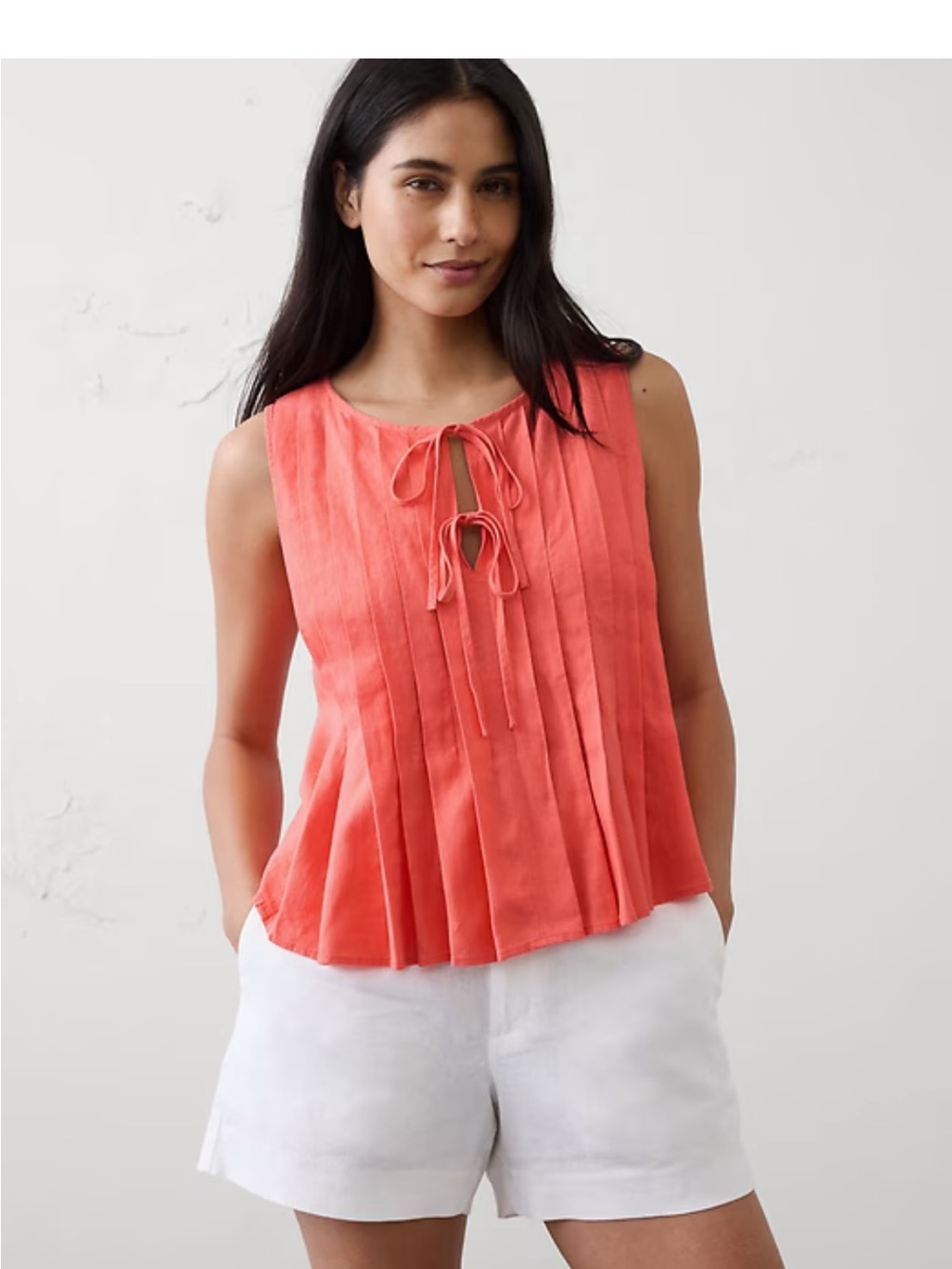 Sleeveless Coral Pleated Tie-Front Top